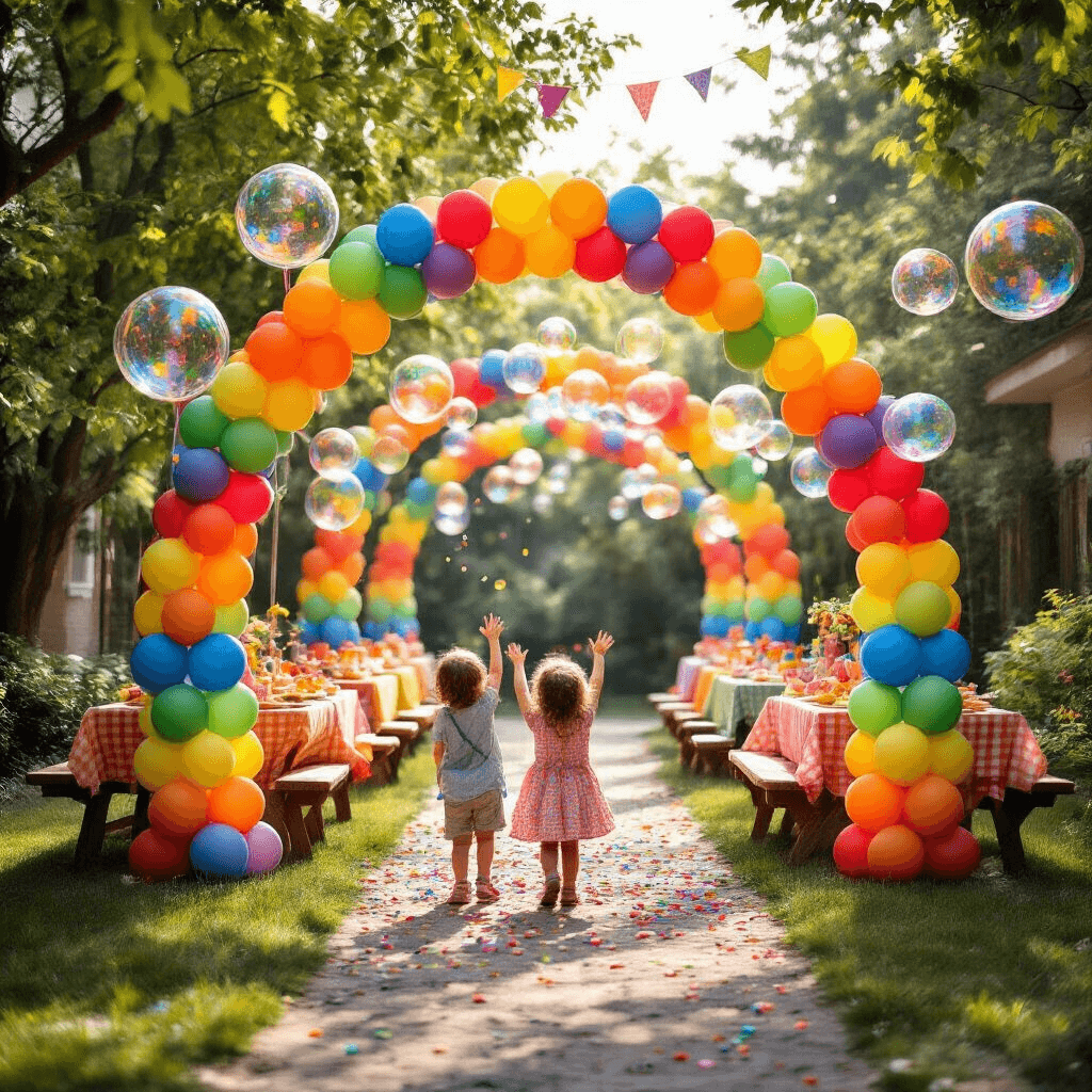 Photorealistic close-up of a whimsical children's birthday party with a rainbow balloon tunnel, colorful decorations, confetti-filled bubble balloons, and children reaching for balloons in a stylish backyard.