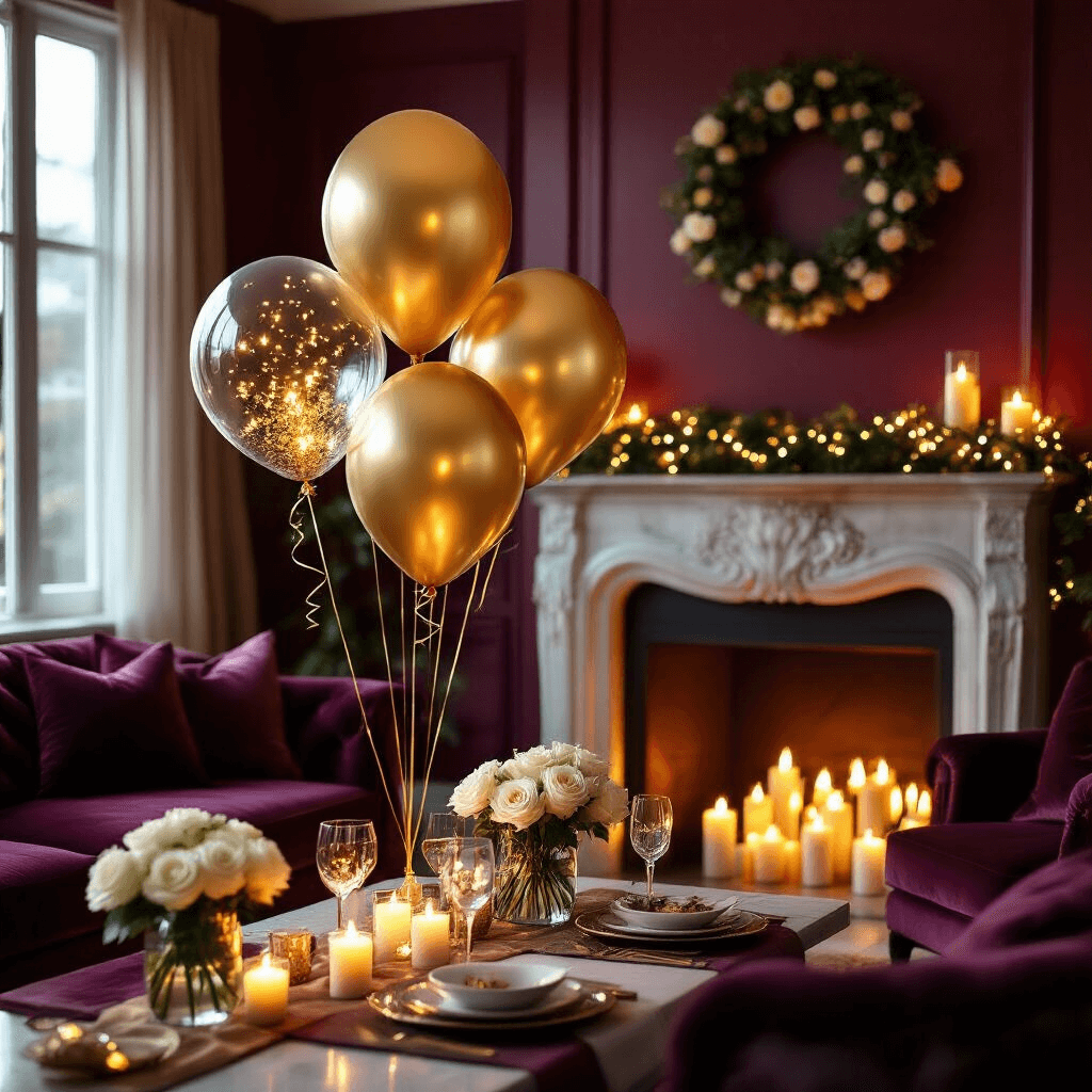 Photorealistic image of a cozy living room decorated for an intimate anniversary celebration, featuring glowing LED-lit balloon installations, a marble fireplace with flickering candles, and luxurious velvet furniture. Gold mylar balloons cluster near the fireplace, while clear bubble balloons with confetti float amid the warm candlelight, creating a romantic and elegant atmosphere with fresh white roses and greenery.