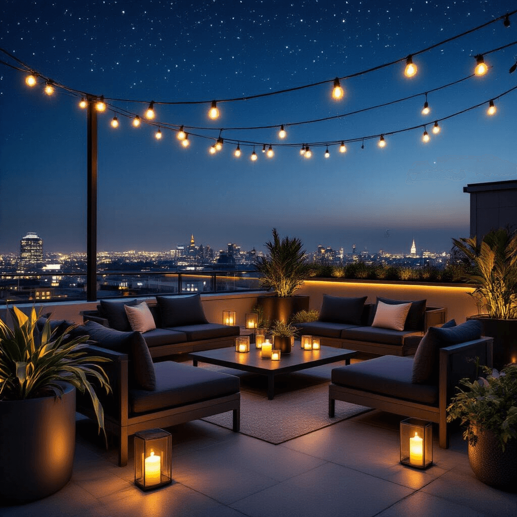 An elegant nighttime rooftop terrace with modern outdoor furniture, ambient lighting, and high-end speakers, set against a starlit urban backdrop.