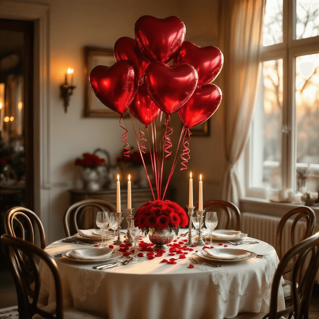 Red Heart Balloons: Everything You Need to Know About These Party Essentials Intimate indoor dining room set up for Valentine's Day, featuring a round table with cream silk tablecloth, red foil heart balloons, fresh red roses, and flickering candlelight, all illuminated by warm golden hour sunlight streaming through sheer curtains.
