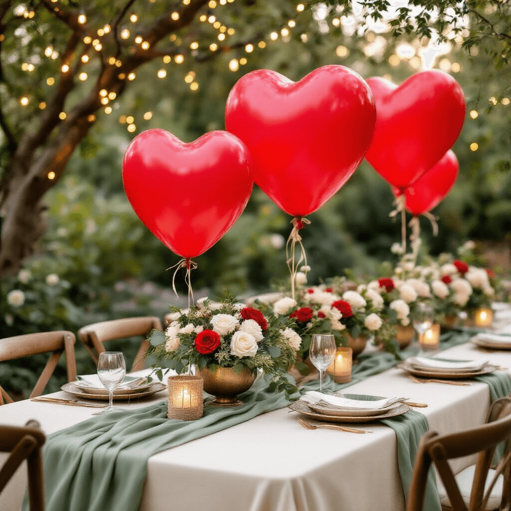 Red Heart Balloons: Everything You Need to Know About These Party Essentials Elegant outdoor wedding reception table adorned with ivory linen, sage green silk runners, mahogany chiavari chairs with chiffon sashes, and red heart balloon centerpieces surrounded by floral arrangements. Warm fairy lights create a magical atmosphere above the table setting with gold-rimmed charger plates, burgundy napkins, and gold flatware.