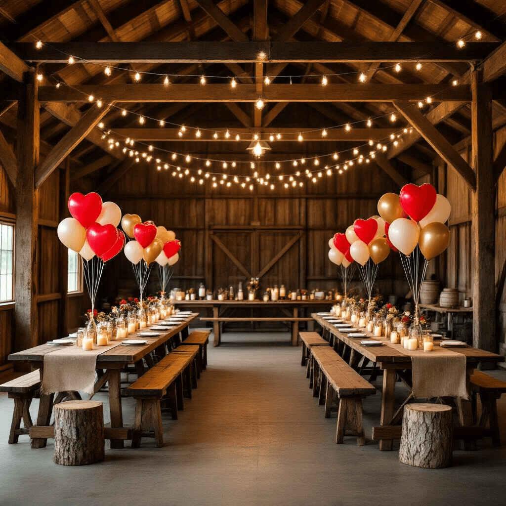Red Heart Balloons: Everything You Need to Know About These Party Essentials A cozy rustic barn celebration illuminated by candlelight, featuring a U-shaped arrangement of reclaimed wood farm tables with burlap runners and mason jar centerpieces of red heart balloons. String lights drape from the exposed wooden beam ceiling, while pillar candles on tree stump risers create a warm glow. Vintage wooden chairs and hay bale seating with plaid blankets enhance the inviting atmosphere.