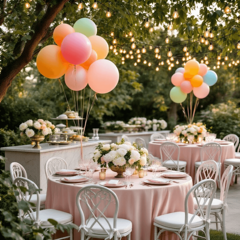 A sophisticated garden party setup during golden hour featuring blush pink silk linens on round tables, clusters of sorbet mix latex balloons tied to vintage white garden chairs, lush white peony and eucalyptus centerpieces in mercury glass vases, string lights overhead, marble-topped serving stations, and a romantic atmosphere enhanced by soft natural lighting and sheer ivory drapery.