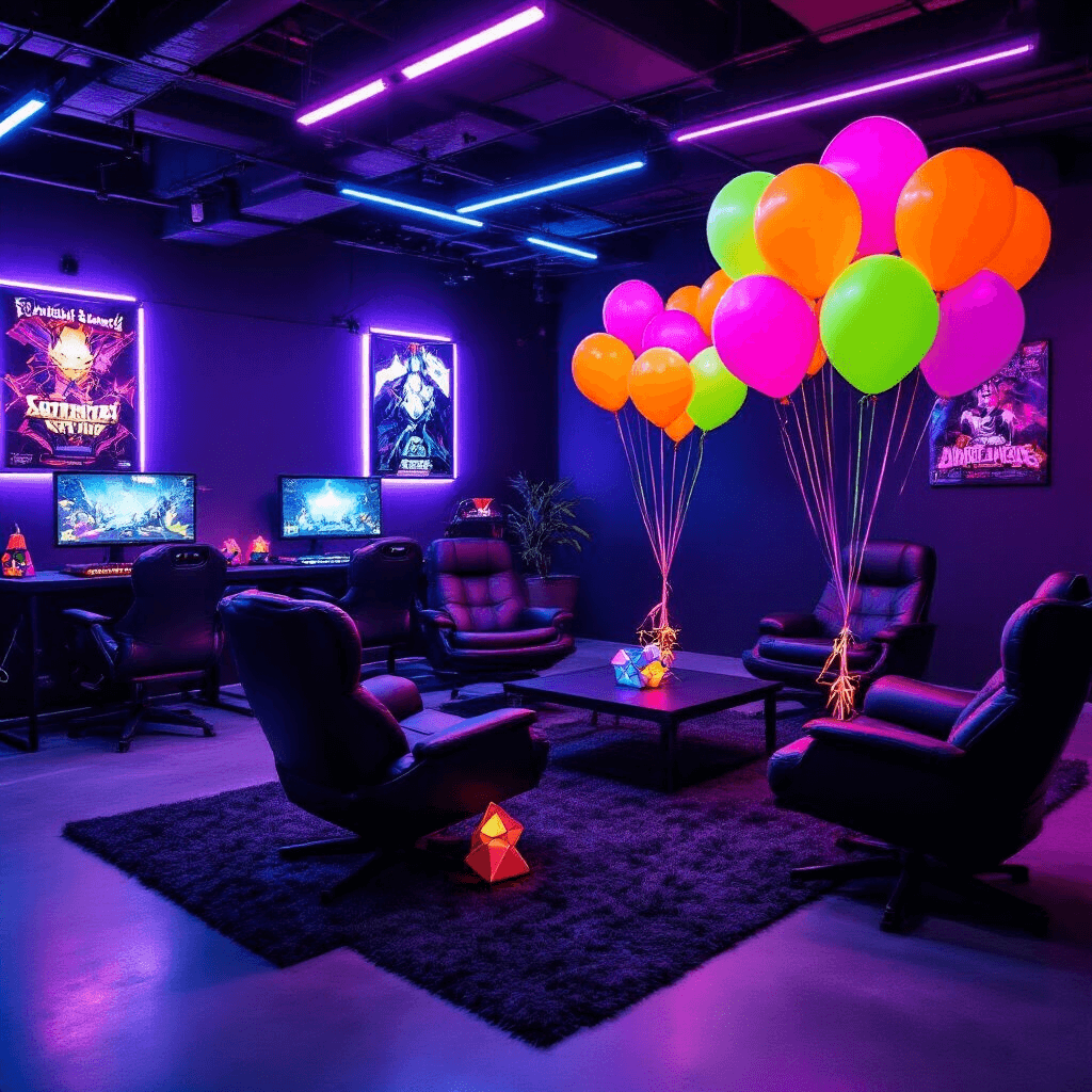 A vibrant teen gaming party in a modern basement with dramatic lighting, showcasing neon latex balloons in electric colors around black leather gaming chairs, illuminated by blacklight, with LED strip lighting, plush rugs, and glowing gaming setups, creating a high-tech celebration space.