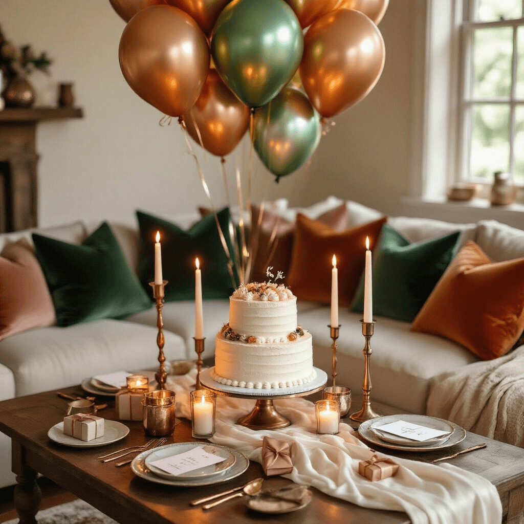 An overhead flat lay of an intimate birthday celebration in a cozy living room, featuring rainbow metallic foil balloons, a vanilla buttercream birthday cake on tiered cake stands, brass candle holders, velvet cushions, silk table runners, and elegant place settings, all illuminated by warm candlelight.