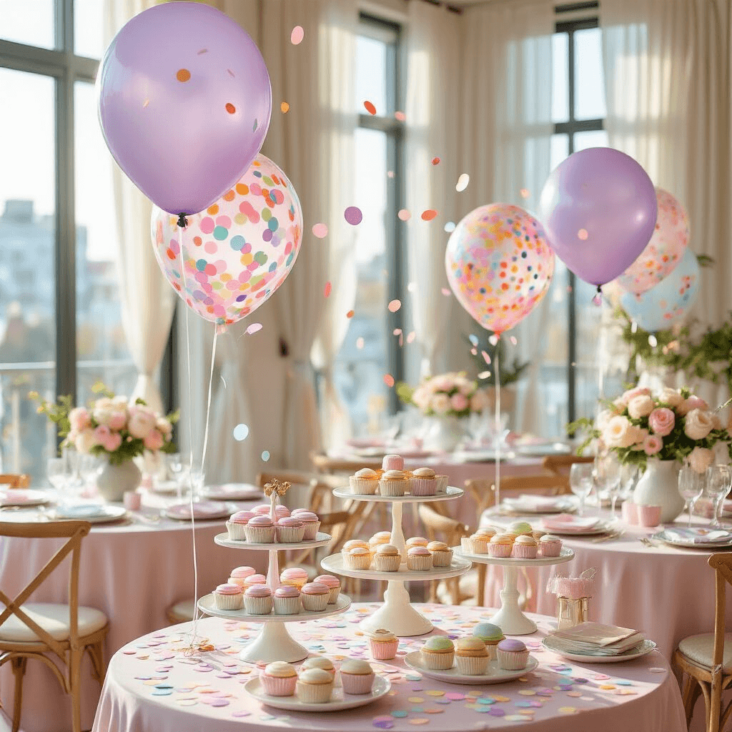 A whimsical baby shower in a sun-filled apartment with multicolor confetti balloons, a dessert cart showcasing pastel treats, and elegantly decorated tables, all bathed in soft morning light.