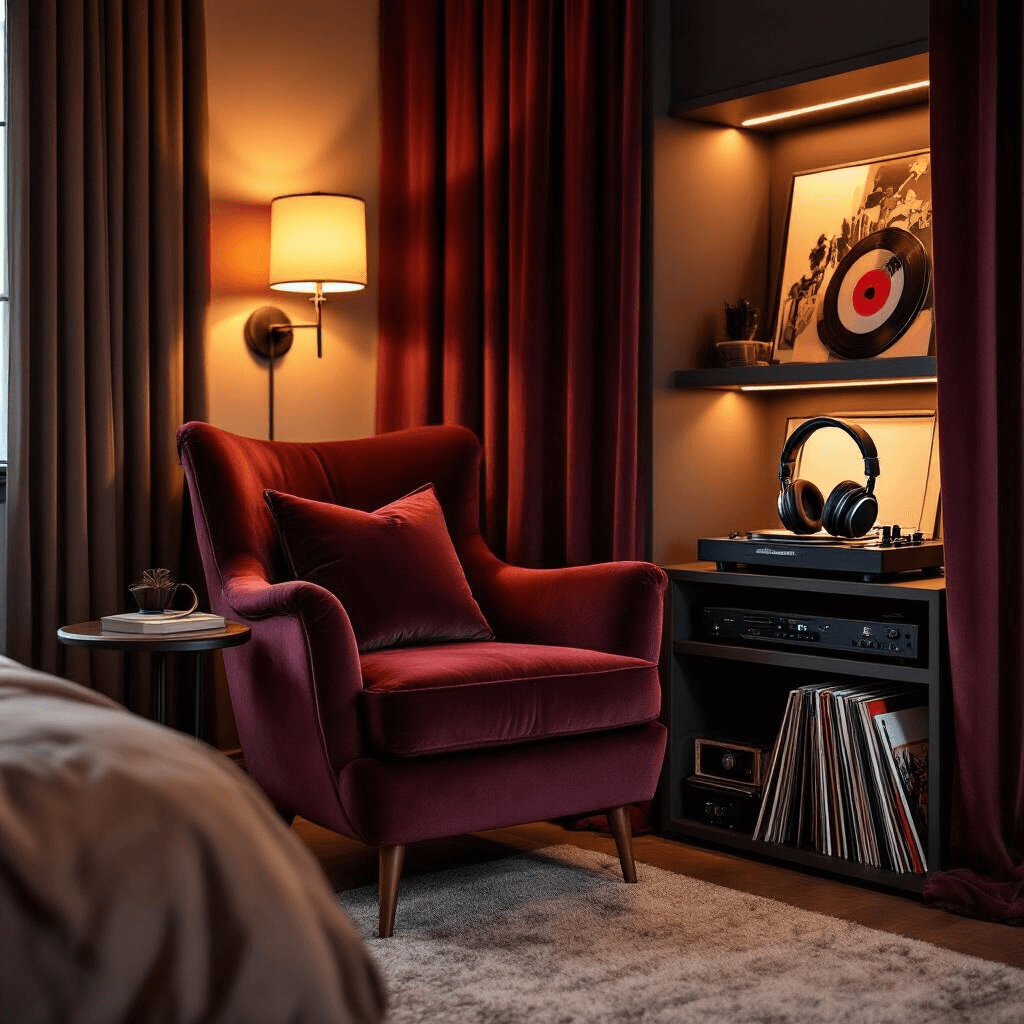 A cozy music sanctuary featuring a burgundy velvet reading chair, warm amber lighting, a vintage turntable, and premium headphones, all surrounded by a rich color palette and luxurious textures.