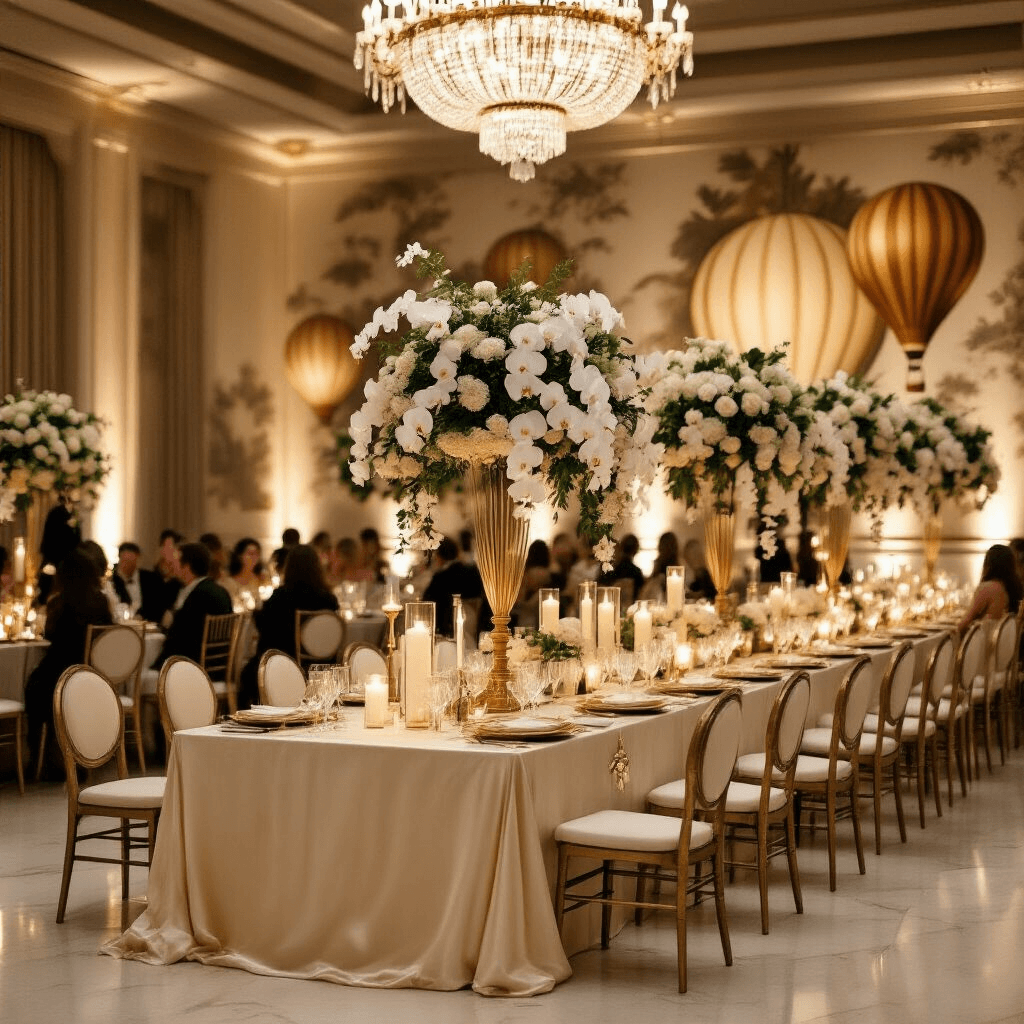 Cinematic wide shot of an elegant indoor ballroom celebration, featuring long ivory silk tables with brass balloon centerpieces and cascading white orchids, set against vintage wallpaper, amber chandelier lighting, refined place settings, and a sophisticated dessert display.
