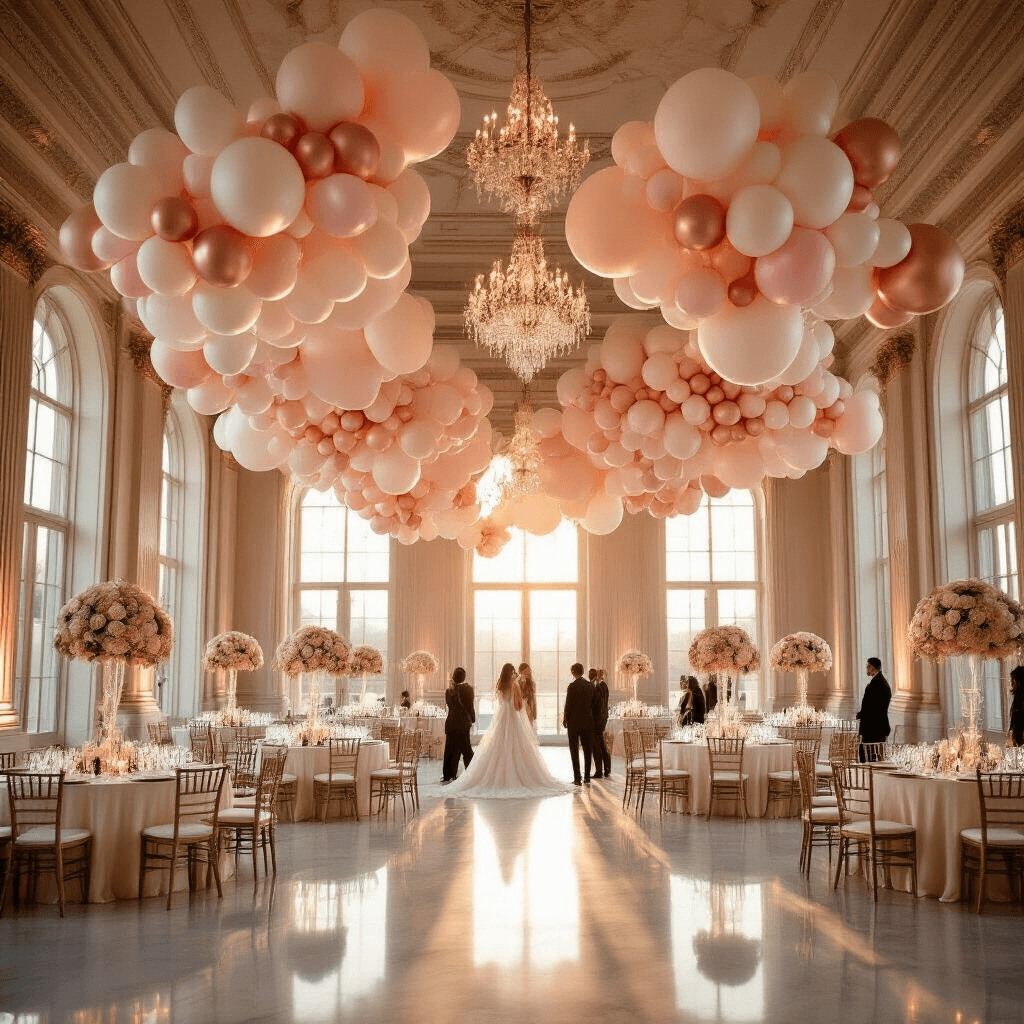 A wide-angle view of an elegant ballroom adorned with interconnected balloon installations in blush pink, cream, and rose gold during golden hour, with soft sunlight illuminating round tables draped in silk ivory linens and low balloon garlands, as guests in formal attire mingle beneath spiral balloon columns and crystal chandeliers.