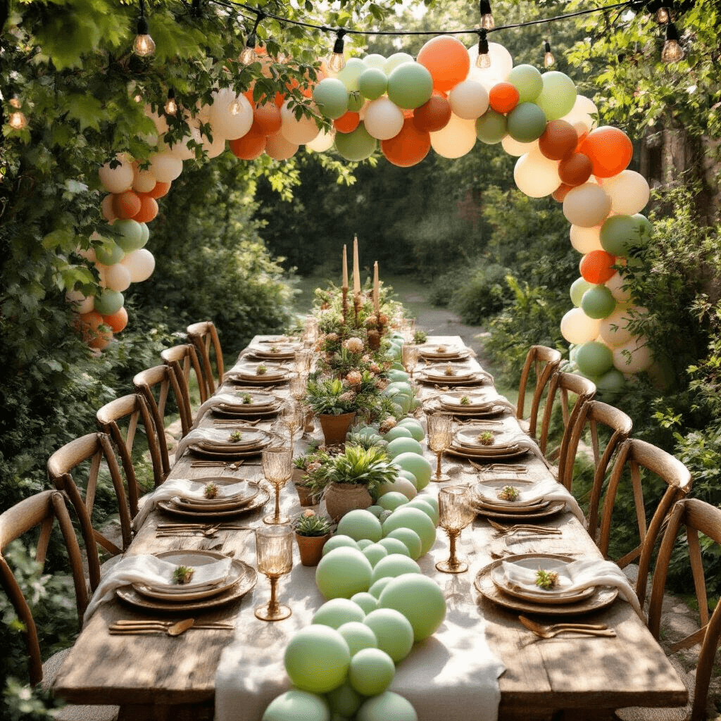An intimate garden party setup with rustic wooden farm tables adorned with intricate balloon table runners in sage green, terracotta, and ivory, featuring ceramic dinnerware, copper flatware, vintage brass candlesticks, and potted succulents, all illuminated by soft morning light and complemented by overhead string lights and balloon arches with fresh florals.