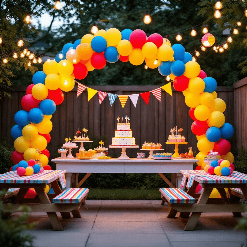 A vibrant backyard birthday celebration featuring colorful balloon arches, a custom dessert table, string lights, and festive picnic tables adorned with rainbow-striped linens and balloon centerpieces, all set during a whimsical evening.