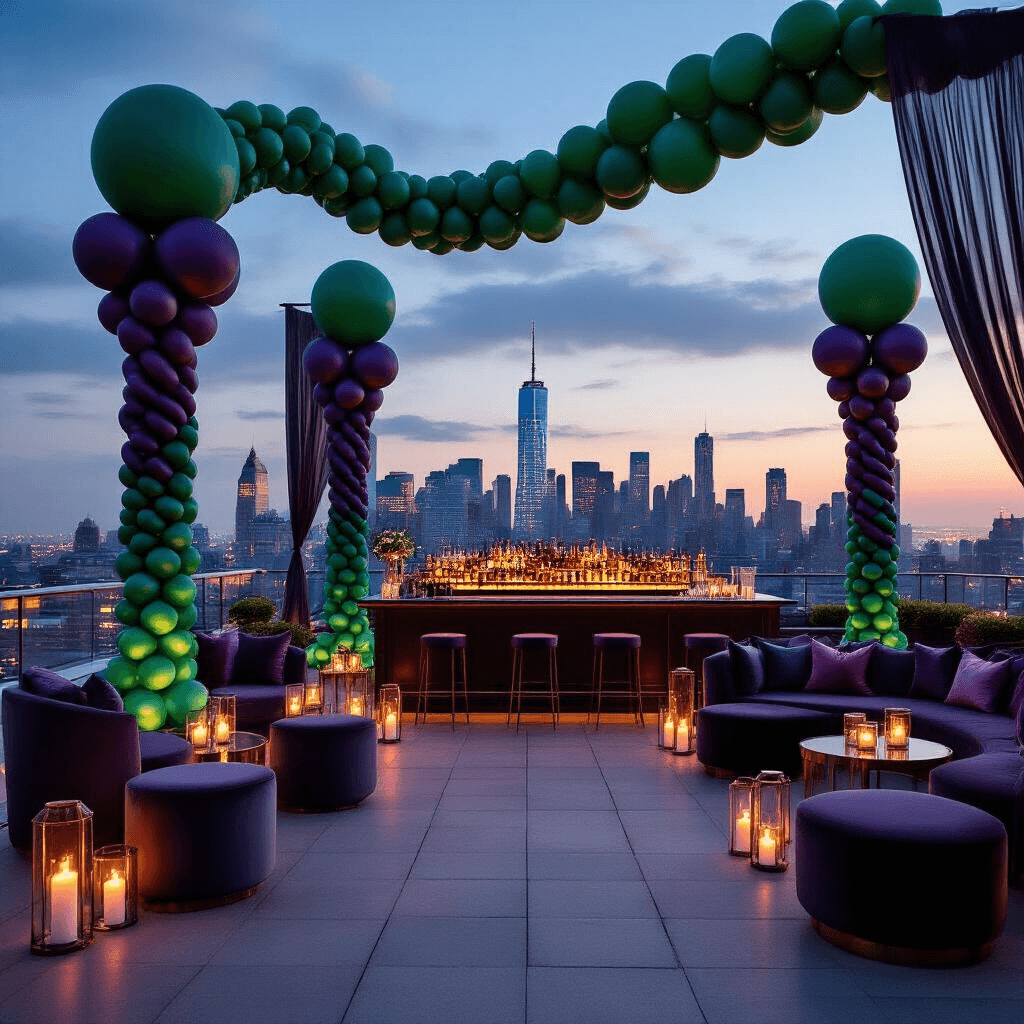 A sophisticated rooftop terrace celebration at dusk, featuring dramatic balloon installations in jewel tones, a modern bar, intimate seating areas with plush cushions, and flickering candlelight, set against a city skyline.