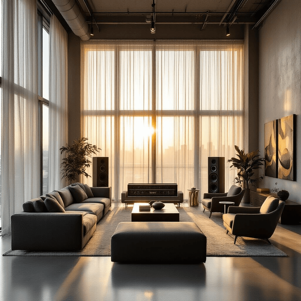 A sophisticated urban loft with floor-to-ceiling windows, warm sunlight filtering across polished concrete floors, modern charcoal and cream furniture, a premium sound system, and decorative elements like abstract art and plants, creating an immersive music experience during golden hour.