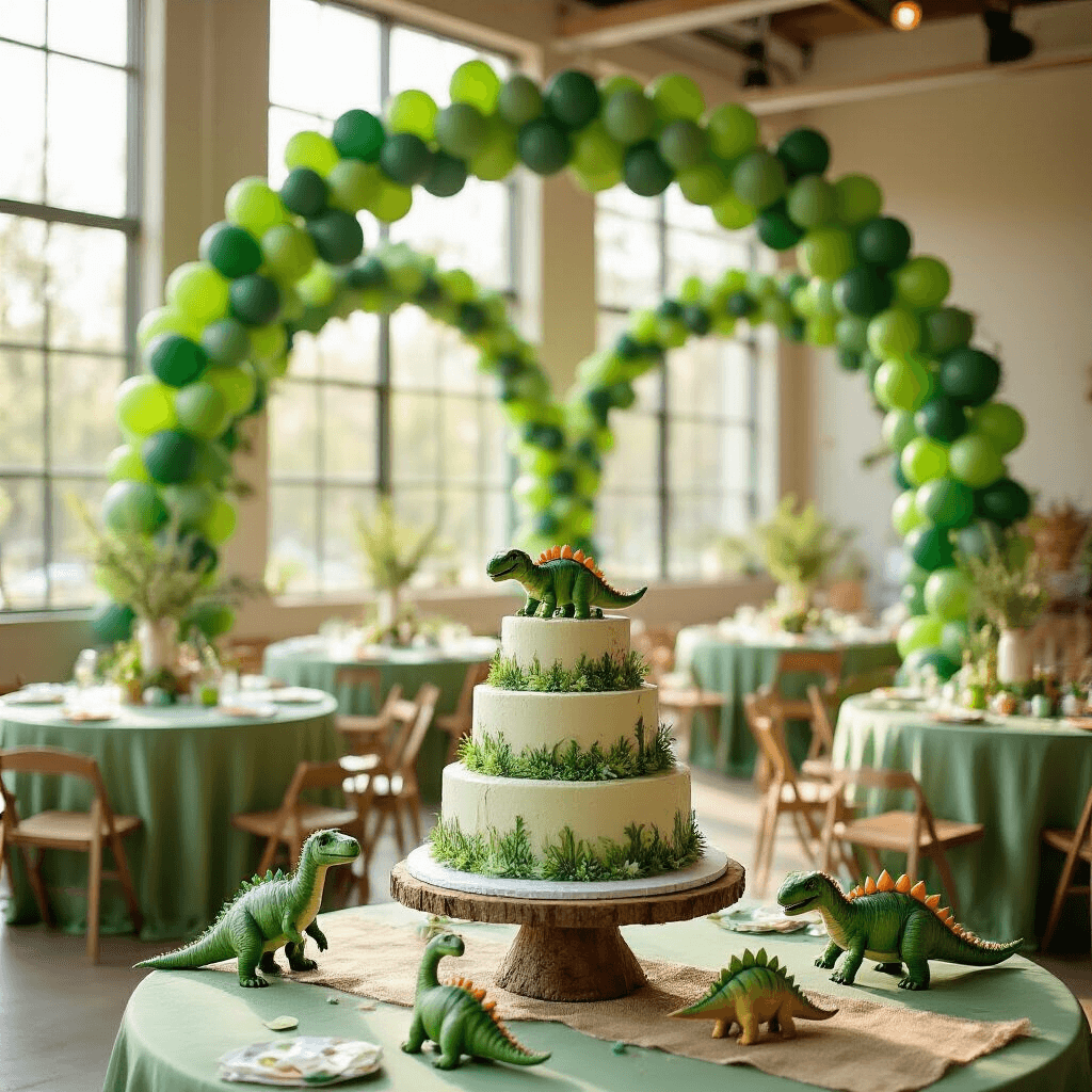 A whimsical indoor dinosaur-themed birthday party with sage green tables, eucalyptus and lime balloon garlands, a three-tiered dinosaur cake, ceramic dinosaur centerpieces, and confetti-filled balloons, all bathed in soft afternoon sunlight.