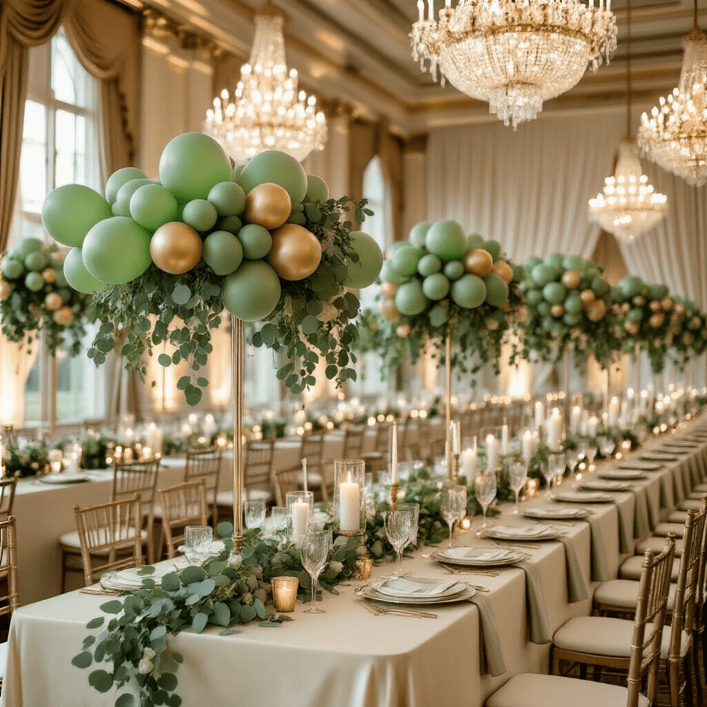 Elegant wedding reception setup in a grand ballroom featuring sage green and cream silk table linens, gold accents, and eucalyptus garlands, with crystal chandeliers and ambient candlelight creating a warm, sophisticated atmosphere.