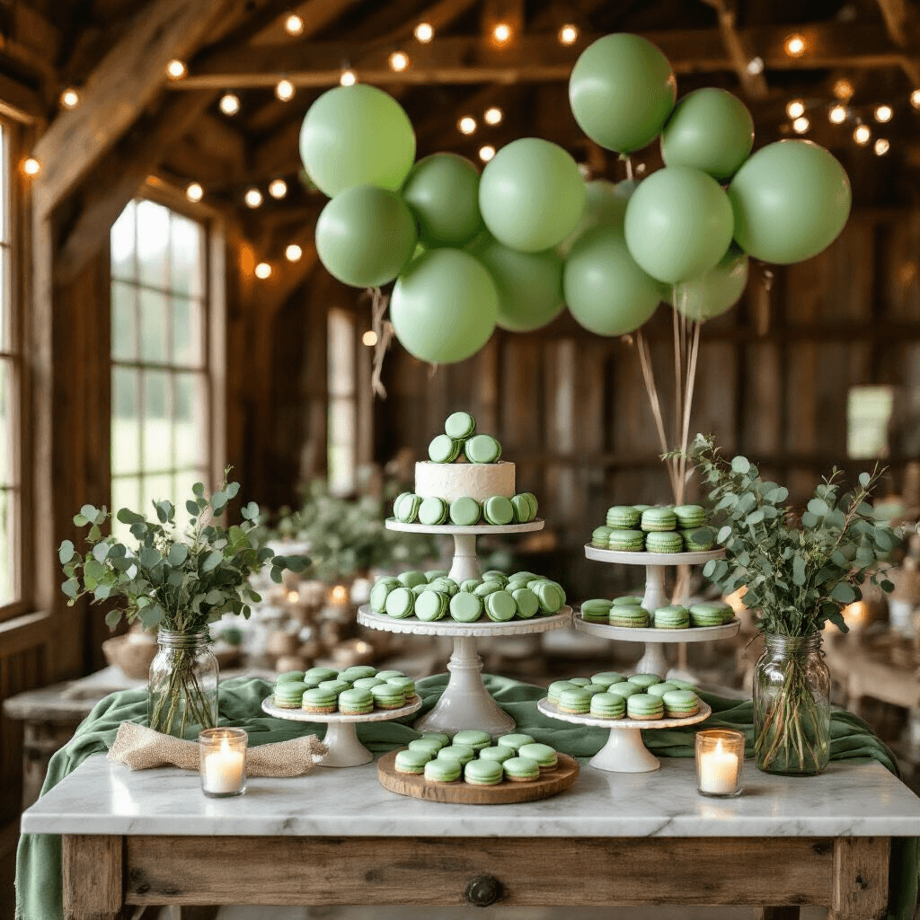 A close-up view of a rustic dessert table at a woodland baby shower, featuring a vintage marble cart draped with sage green velvet runners, tiered ceramic cake stands displaying woodland-themed treats, and mason jars filled with eucalyptus, surrounded by clusters of mint and olive green balloons, warm natural light, and string lights overhead.