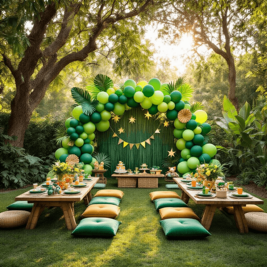 A vibrant jungle-themed children's party set in a stylish backyard during golden hour, featuring low picnic tables with velvet green cushions, elaborate balloon installations, and a dramatic green balloon arch backdrop, all surrounded by lush greenery and tropical decorations.