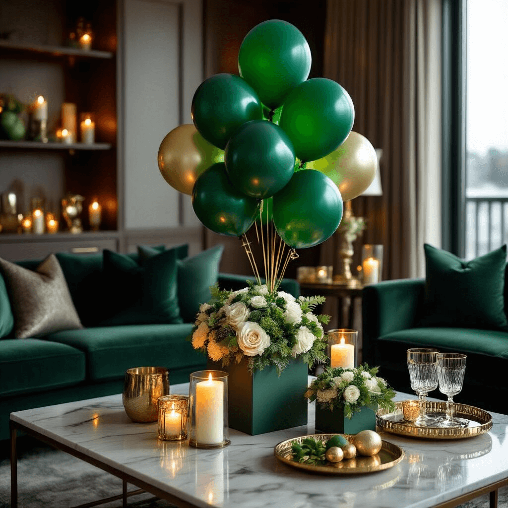 An elegant St. Patrick's Day celebration in a modern living room, featuring green balloon bouquets, candlelit ambiance, and luxurious decor with velvet cushions and crystal glassware.