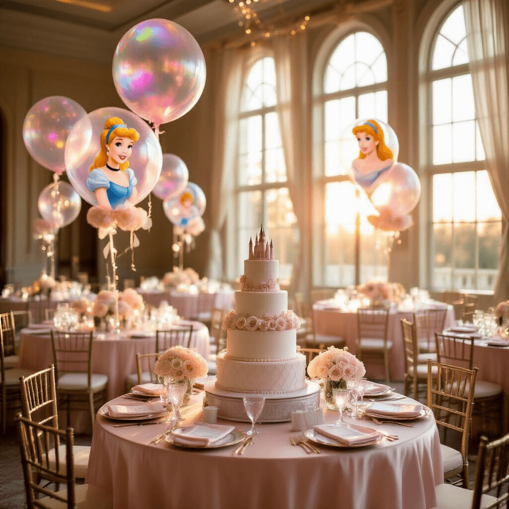 A beautifully decorated indoor ballroom for a Disney Princess birthday party, featuring round tables with blush pink silk linens, pale pink roses and white peonies centerpieces, oversized character balloons of Cinderella, Belle, and Ariel, a three-tiered cake on a dessert cart, fairy lights in sheer drapery, and elegant gold-rimmed place settings with tiara party favors.