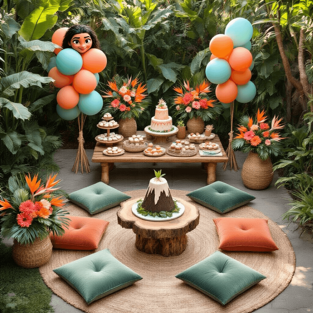 Overhead flat lay of a Moana-themed garden party setup featuring rustic wooden tables, sage green and terracotta velvet cushions, tropical floral centerpieces, character-shaped balloons, a volcano-shaped cake, and personalized palm leaf place cards.