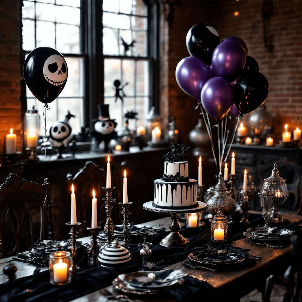 A moody candlelit living room set for a Nightmare Before Christmas themed party, featuring dark wooden furniture, black velvet table runners, Jack Skellington and Sally foil balloons, a black and white striped birthday cake on a silver stand, gothic-style glass cloches, asymmetrical clusters of deep purple and metallic balloons, and string lights in mason jars illuminating exposed brick walls. Place settings include matte black plates, silver chargers, and skeleton key party favors with purple ribbon.