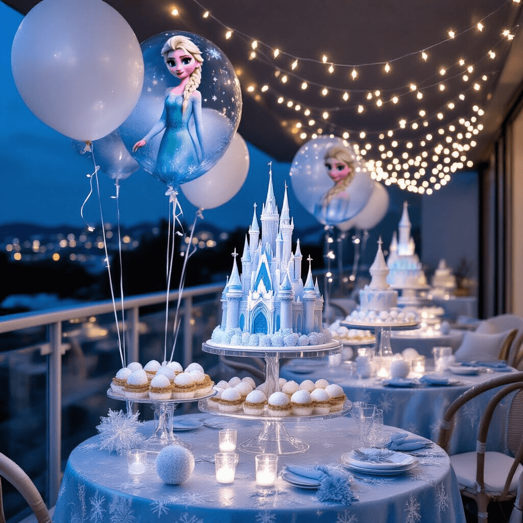 Whimsical Frozen-themed party setup on a modern balcony at night, featuring a tiered dessert display with an elaborate Elsa castle cake, snowball cake pops, and sugar cookies, illuminated by fairy lights. Elsa and Anna air walker balloons sway in the breeze, while icy blue silk table linens and organic balloon garlands add to the festive atmosphere. Crystal-inspired centerpieces and personalized lyric cards complete the enchanting scene.