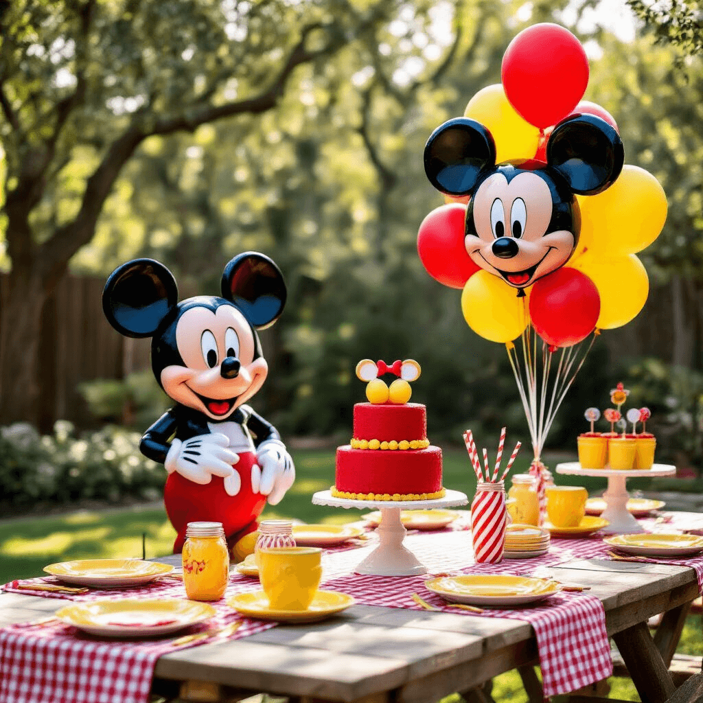 A sunny backyard Mickey Mouse themed party featuring picnic seating with gingham tablecloths, yellow dishware, a walking Mickey balloon, a red velvet cake with Mickey ear toppers, and decorative balloons in Mickey shapes, all set for a fun celebration.