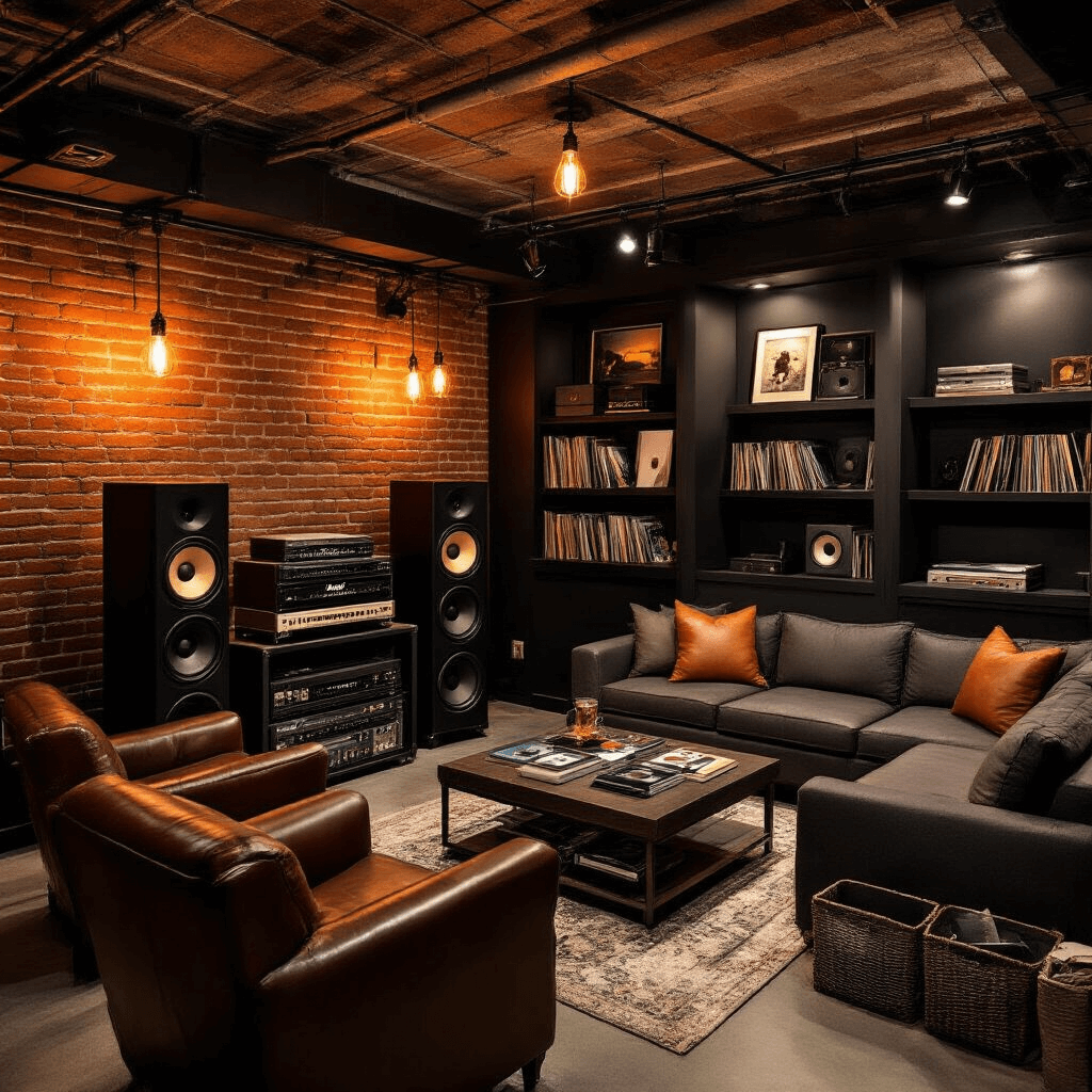 An intimate basement music room featuring exposed brick walls, vintage Edison bulbs, leather seating, and professional audio equipment, all set against a warm amber and deep charcoal color palette, creating a moody underground listening den.