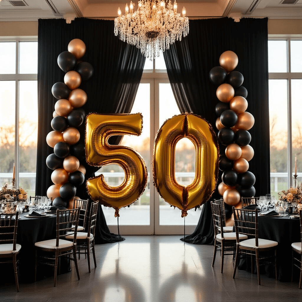 Elegant indoor ballroom set for a sophisticated 50th birthday celebration, featuring tall black and gold balloon decorations, shimmering round tables with gold-rimmed glassware, crystal chandeliers casting warm light, and black velvet lounge seating accented with gold pillows.