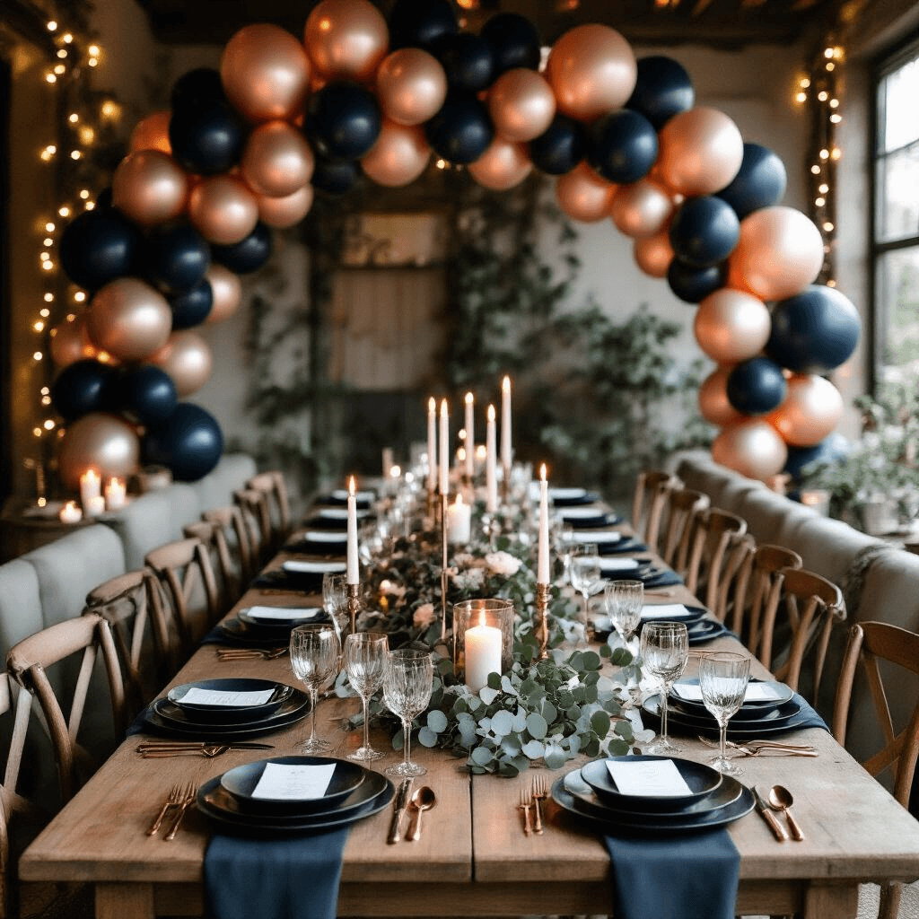 Intimate dining nook for a milestone celebration featuring a long wooden table with a rose gold and matte black balloon arch overhead, black ceramic plates, rose gold flatware, vintage cut crystal glasses, white pillar candles, deep navy and silver balloon clusters, and fresh eucalyptus garland, all illuminated by soft candlelight and fairy lights.