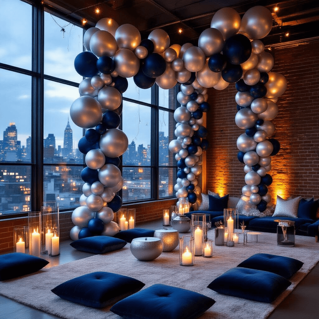 Moody cinematic shot of a modern apartment decorated for an evening celebration, featuring dramatic silver and navy balloon garlands, ambient fairy lights, and city lights visible through floor-to-ceiling windows, with low tables, velvet cushions, and elegant tableware creating a sophisticated atmosphere.