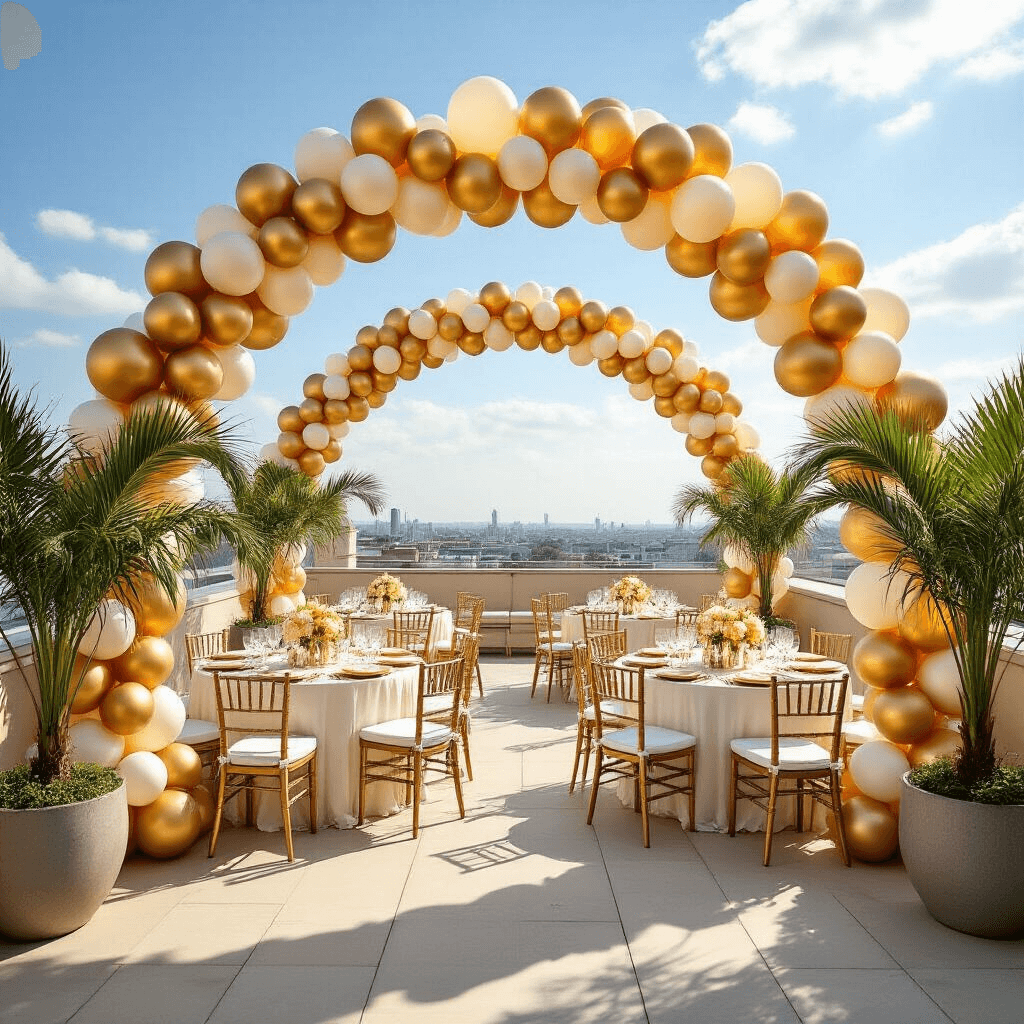 Wide-angle view of a sunlit rooftop terrace decorated for a 50th birthday, featuring grand gold and ivory balloon arches, elegant seating areas, and cocktail tables with white linens and gold accents, set against a blue sky and city skyline.