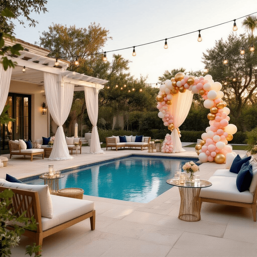 Elegant poolside birthday celebration at golden hour, featuring a sophisticated balloon display, crystal blue pool, cream travertine decking, teak lounge furniture with navy cushions, a blush pink and ivory balloon arch over a white pergola, and beautifully set tables with orchid centerpieces.