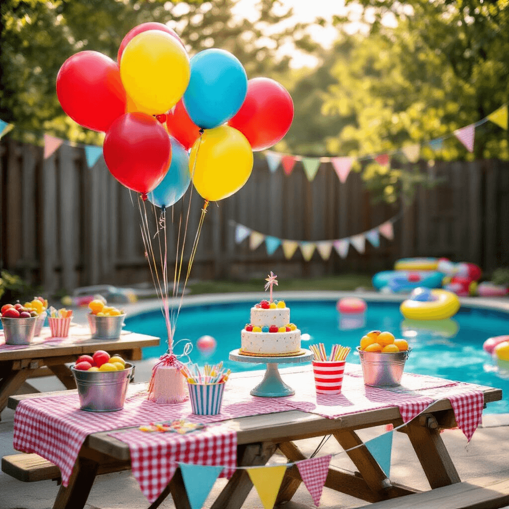 Close-up of a whimsical children's pool party setup featuring vibrant balloons, a birthday cake on a picnic table, and colorful pool toys, all illuminated by soft morning light.
