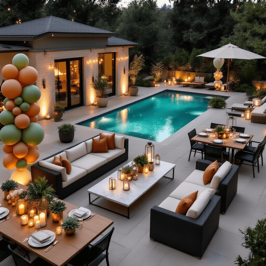 Overhead view of an elegantly transformed pool deck for an evening celebration, featuring a modern swimming pool with an infinity edge, illuminated by fairy lights and LED candles, adorned with sage green, terracotta, and cream balloon installations, surrounded by stylish outdoor seating and dining areas.