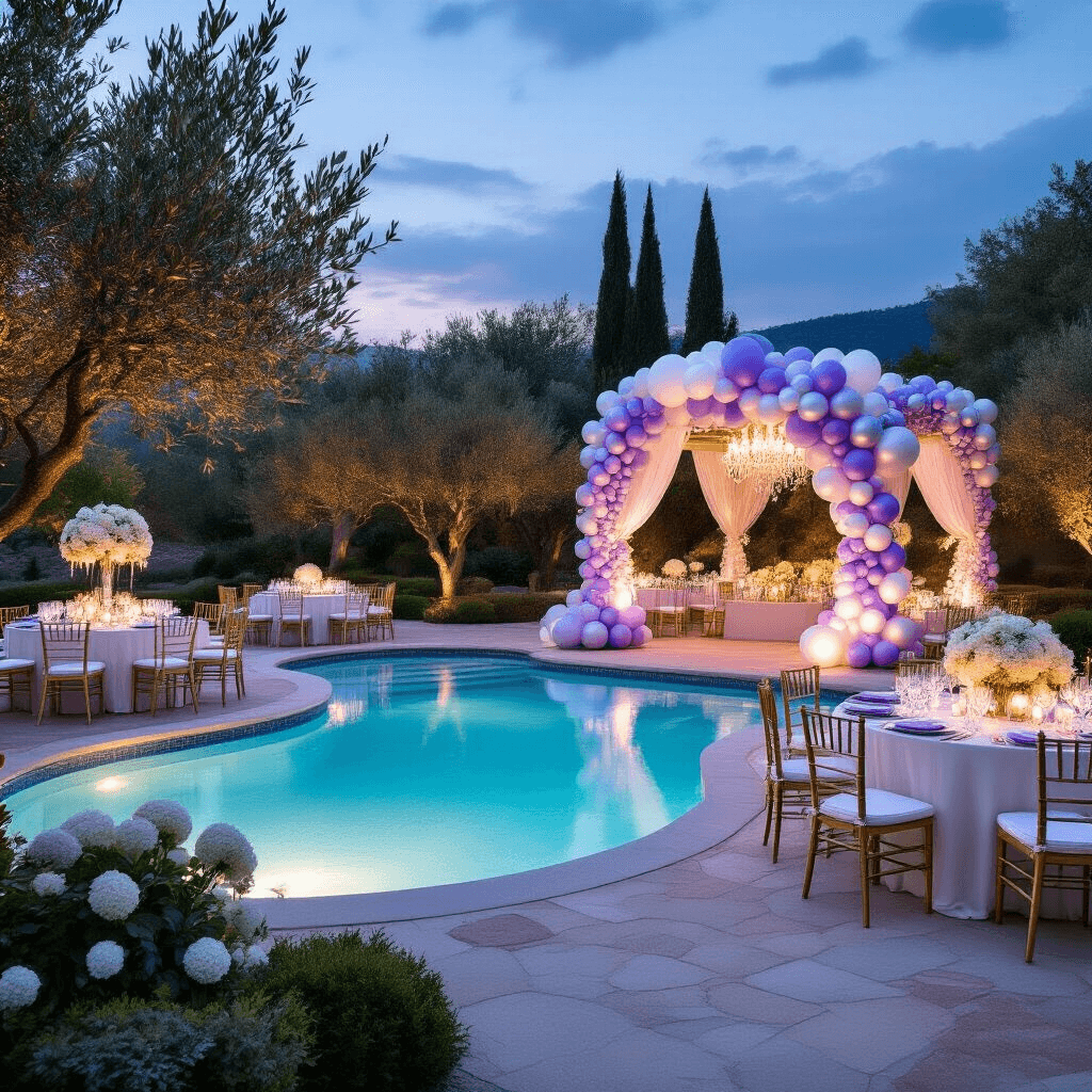 A dreamy garden party with elegant balloon décor and lush landscaping, illuminated during the blue hour, featuring a kidney-shaped pool, ivory-draped tables, and towering floral centerpieces, all safely distanced from the water's edge.