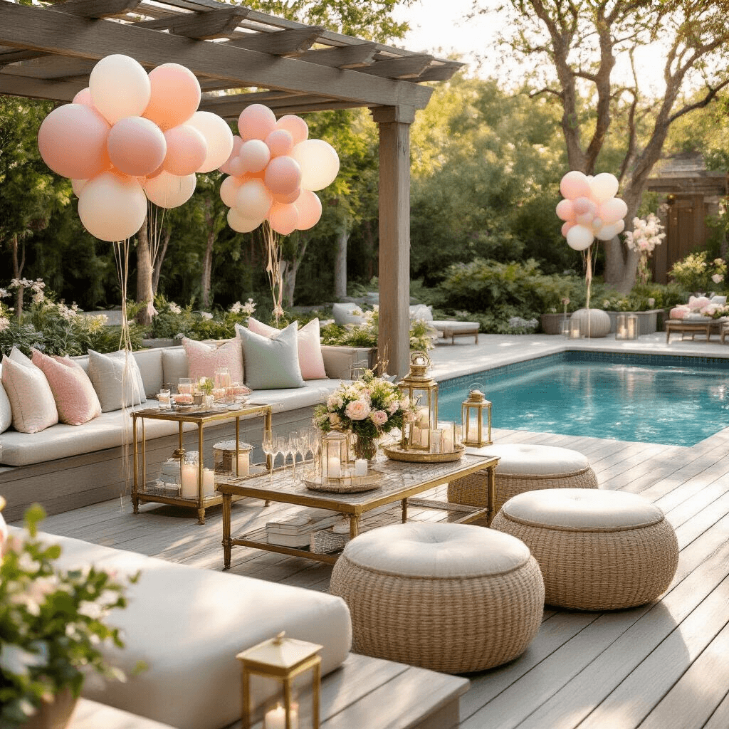 Intimate close-up of a boutique pool party vignette featuring pastel balloon displays near a residential pool deck, with natural wood planking, built-in seating, a vintage brass mobile bar, and cozy outdoor seating, all illuminated by golden afternoon light.