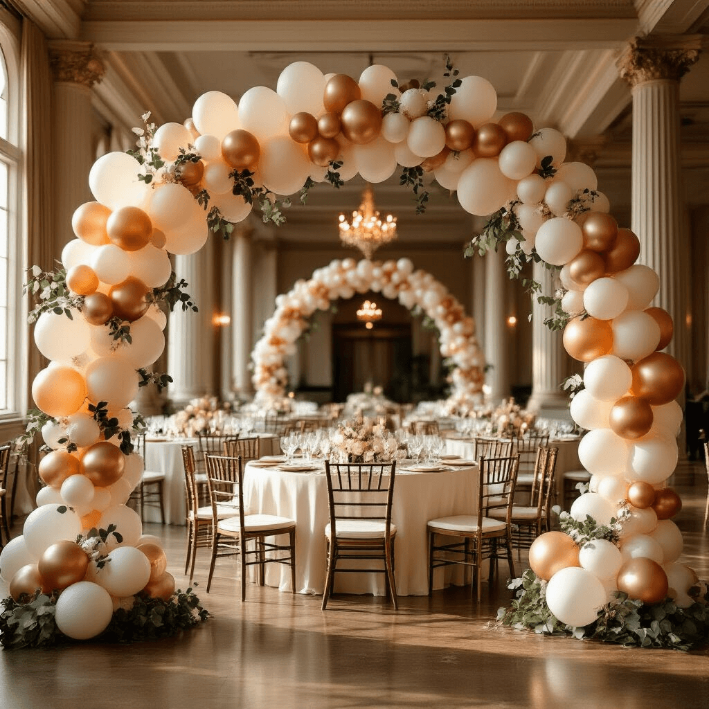 Elegant indoor ballroom reception during golden hour, featuring an asymmetrical champagne, white, and rose gold balloon arch integrated with eucalyptus garland, round tables with floating clear confetti-filled balloons, soft warm lighting on silk linens, and ambient LED illumination.