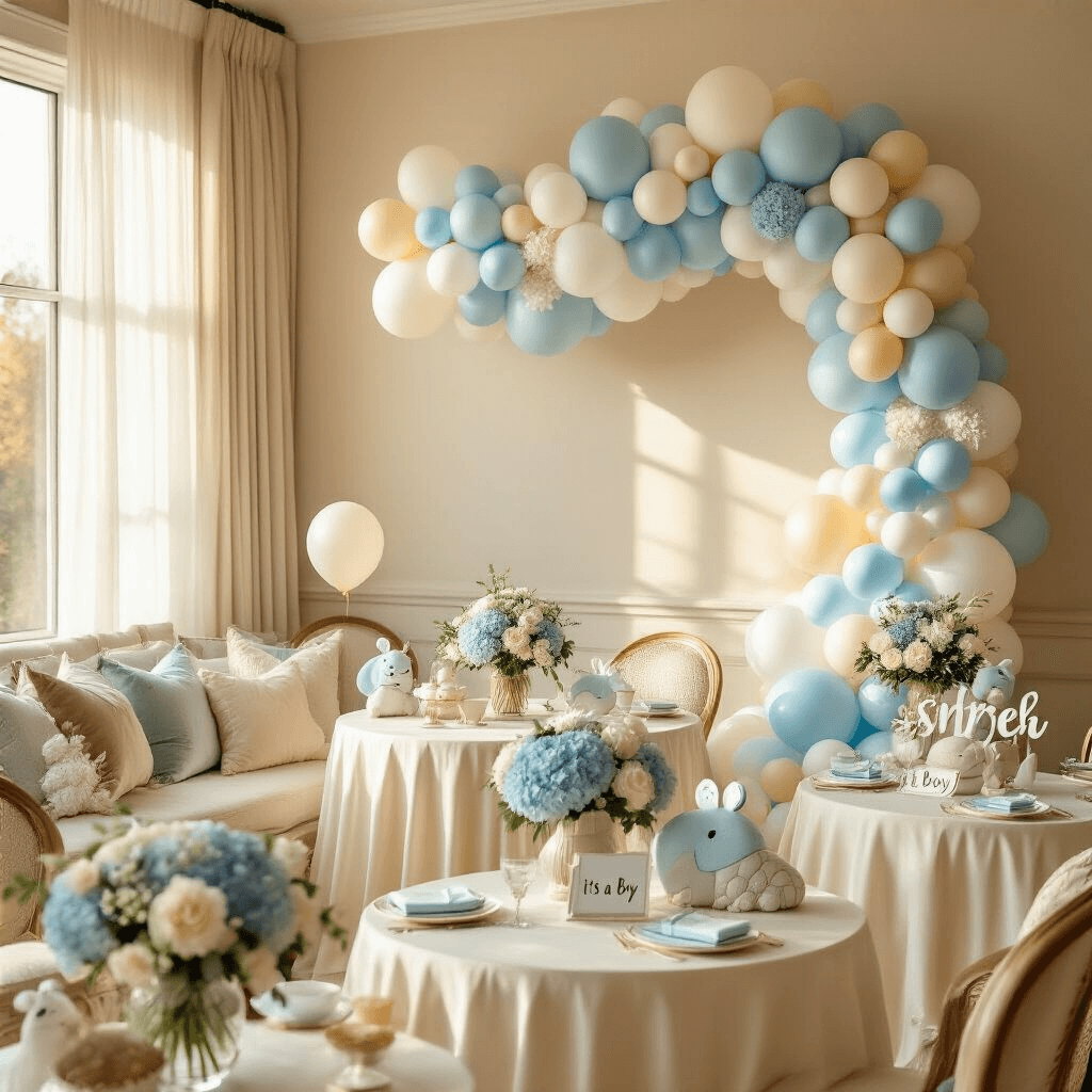 A beautifully decorated indoor baby shower scene with a pastel balloon garland, cream silk tablecloths, blue hydrangea centerpieces, and soft sunlight illuminating the space, creating an intimate and sophisticated atmosphere.