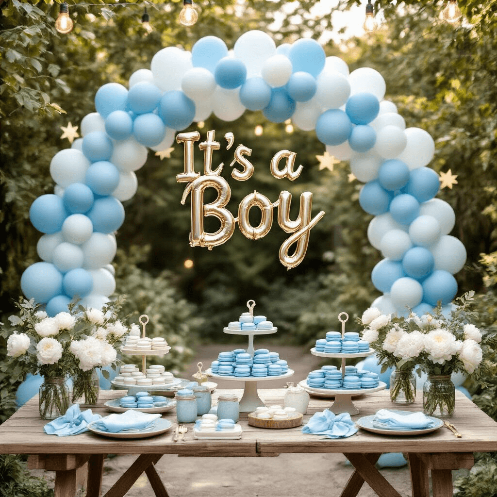 An overhead flat lay of a whimsical outdoor garden baby shower setup featuring rustic wooden tables adorned with tiered cake stands of blue and white macarons, sage green plates, and dusty blue napkins tied with twine. A balloon arch spelling 'It's a Boy' in coordinating blues frames the scene, complemented by organic centerpieces of white peonies and eucalyptus in mason jars. String lights and natural shadows from tree branches create a dreamy atmosphere.