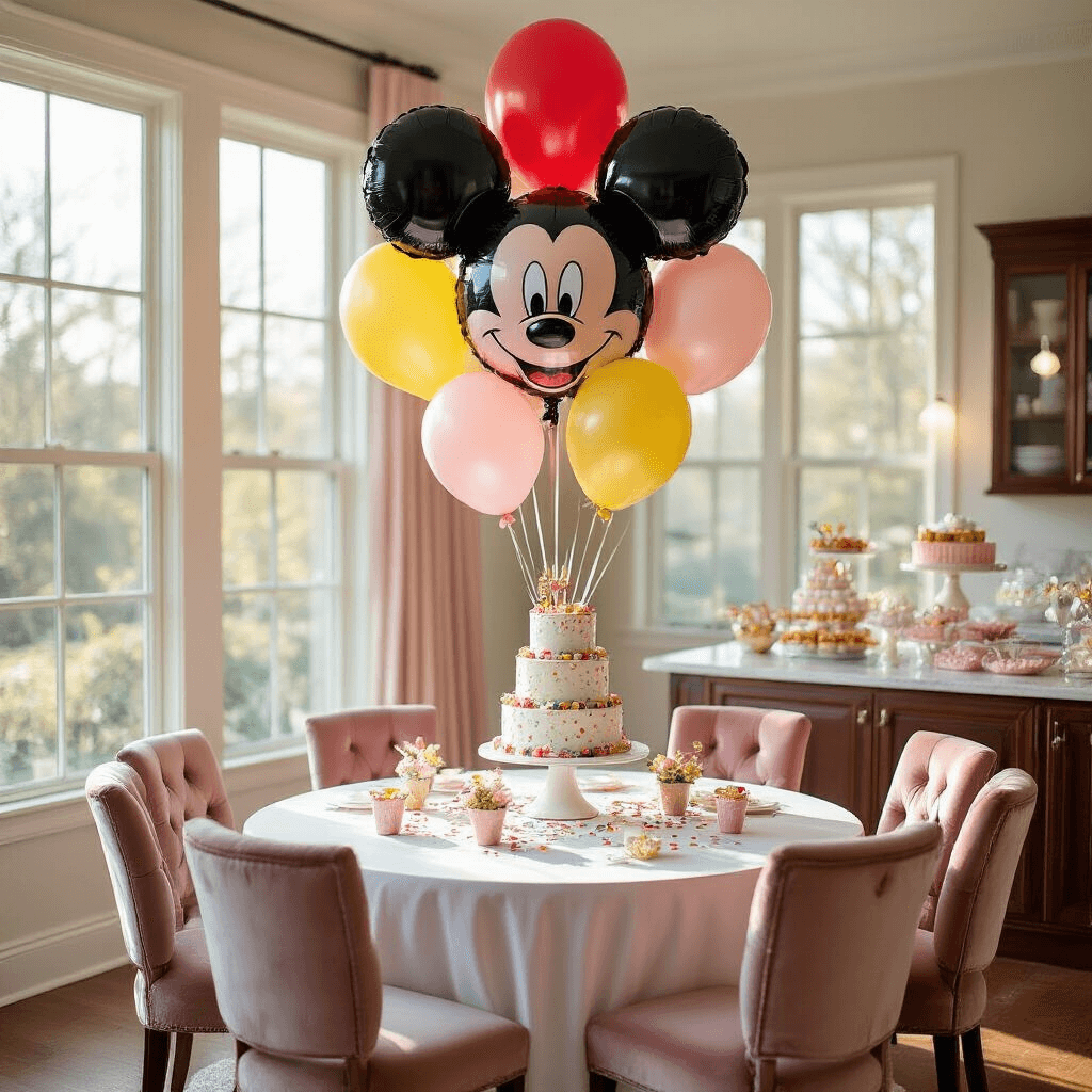 Photorealistic wide-angle view of an elegant indoor living room set for a Mickey Mouse birthday party, featuring a round dining table with a white linen tablecloth, towering Mickey head balloons, a tiered birthday cake, pastel Mickey face balloons, velvet dining chairs, and silk ribbon streamers, all bathed in soft morning light.