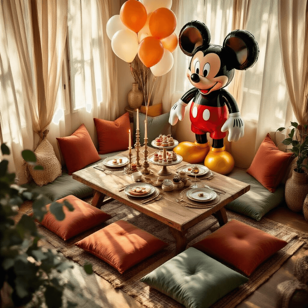 Cinematic overhead shot of a cozy Mickey Mouse-themed dining nook, featuring a low wooden table with plush terracotta and sage green cushions, a large AirWalker Mickey balloon, clusters of clear latex balloons with confetti, themed desserts, flickering candles, and fresh eucalyptus garland, all bathed in warm golden hour light.