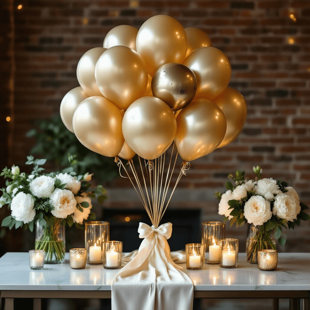 Elegant balloon bouquet arrangement featuring SuperShape foil Mickey balloons and numbered foil balloons, set against an exposed brick wall in a candlelit modern apartment. A sleek marble countertop showcases glass hurricane lanterns with flickering pillar candles, while a silk ivory table runner complements fresh white peonies in crystal vases. Velvet ribbon ties, metallic gold accents, and delicate fairy lights enhance the luxurious atmosphere, with an intimate glow reflecting off the balloons and marble surfaces.