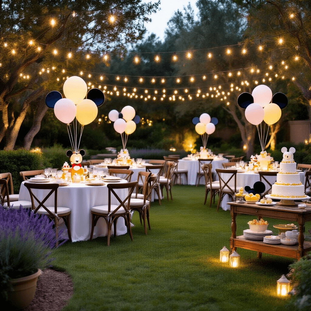 A stylish backyard Mickey Mouse party setup featuring round tables with white linens, balloon centerpieces, string lights, a rustic dessert cart, and elegant seating amidst a magical evening atmosphere.