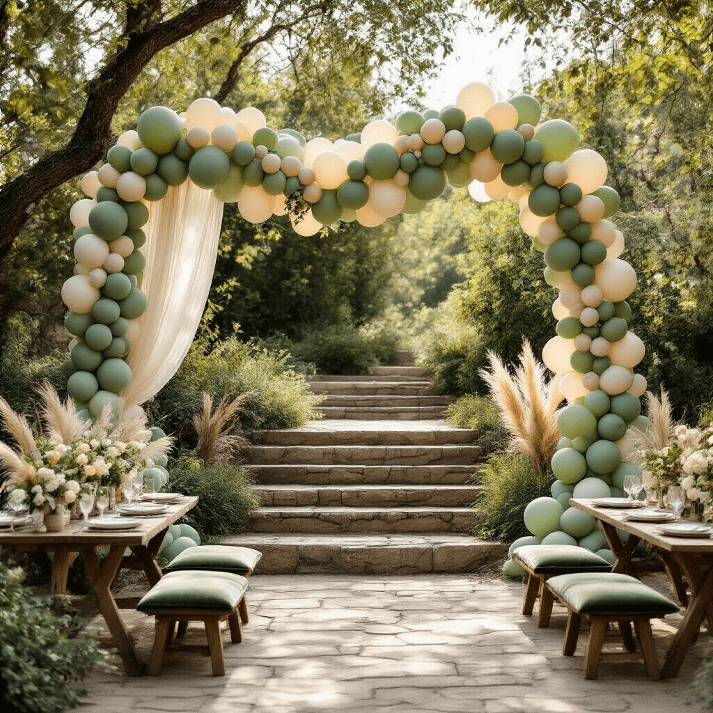 Overhead view of an intimate garden wedding setup featuring a monochromatic sage green balloon garland, eucalyptus, and cream accents on rustic wooden stairs and a vintage dessert cart, surrounded by lush greenery and dappled sunlight.