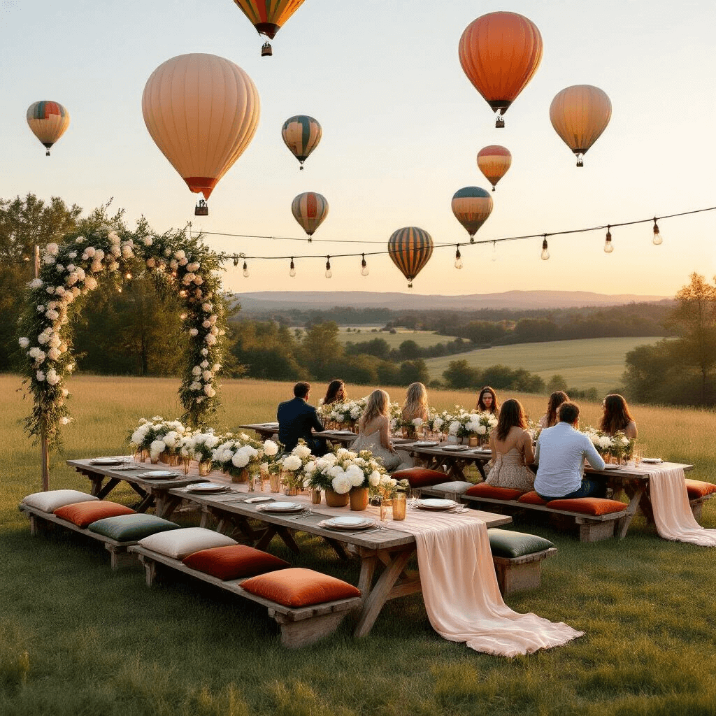 An elegant outdoor balloon festival setup during golden hour, featuring rustic wooden tables with cream and blush table runners, brass lanterns, and floral arrangements, surrounded by guests on velvet cushions, with colorful hot air balloons floating above and twinkling string lights creating a warm, inviting atmosphere.