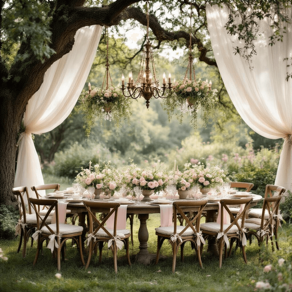 A whimsical garden party scene with vintage wooden farm tables under ancient oak trees, adorned with sheer white drapery, mason jar chandeliers, and a romantic palette of blush pink, cream, and sage green, featuring mismatched chairs, floral arrangements, and hot air balloons overhead.