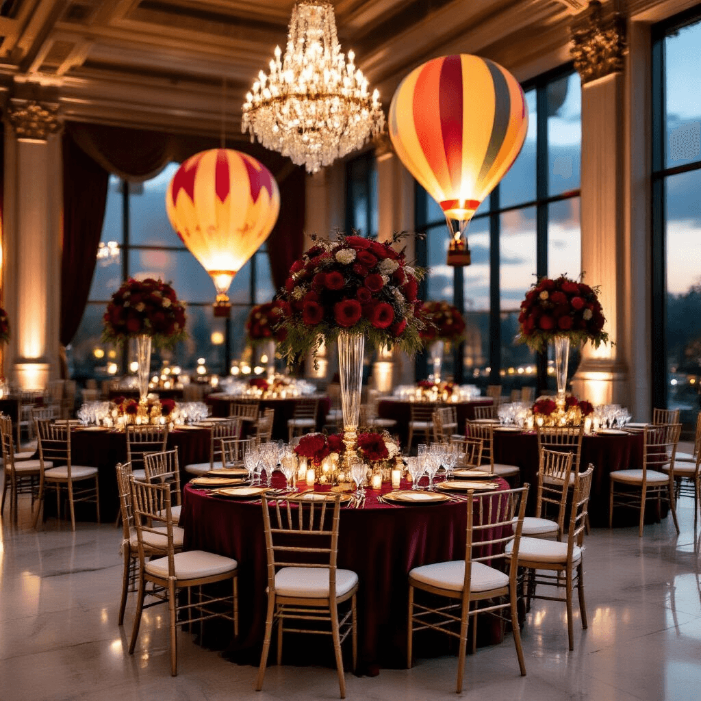 A luxurious indoor ballroom adorned with rich burgundy velvet table linens, gold charger plates, and crystal stemware, illuminated by ornate chandeliers and ambient candlelight, featuring vibrant floral centerpieces and glowing hot air balloons outside.