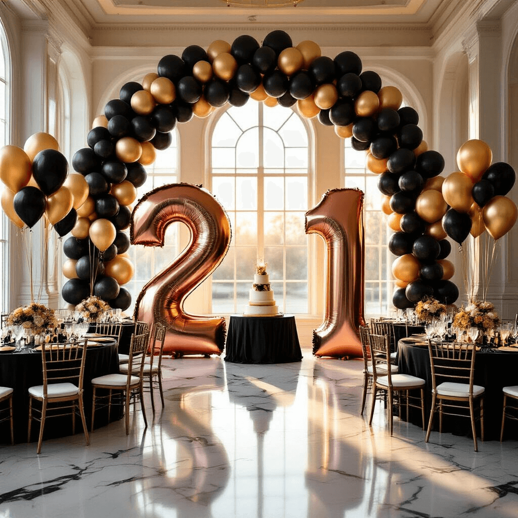 Photorealistic wide-angle view of an elegant indoor ballroom adorned for a 21st birthday, featuring large rose gold mylar number balloons '2' and '1', a black and gold balloon arch, round tables with black silk linens and gold charger plates, and warm golden hour lighting illuminating crystal glassware and luxurious decor, as guests mingle around gold candelabras and white roses on the marble floor.
