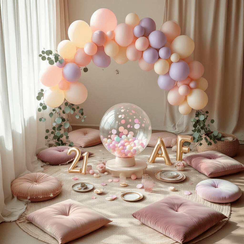 Photorealistic overhead view of an intimate modern apartment celebration, featuring pastel balloon arrangements, a clear bubble balloon centerpiece, velvet floor cushions, and elegant tableware, all illuminated by soft morning light filtering through sheer curtains.